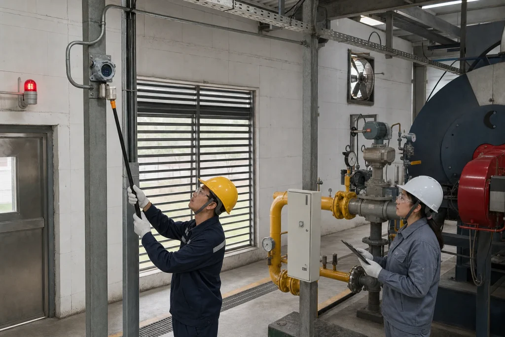 Two Chinese engineers test a fixed methane detector beside a gas shutoff valve, ventilation louver and illuminated alarm beacon in a boiler room.