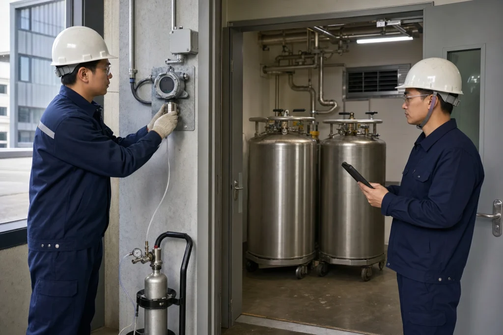 Two Chinese engineers test a wall-mounted oxygen monitor outside a room containing stainless liquid-nitrogen dewars.