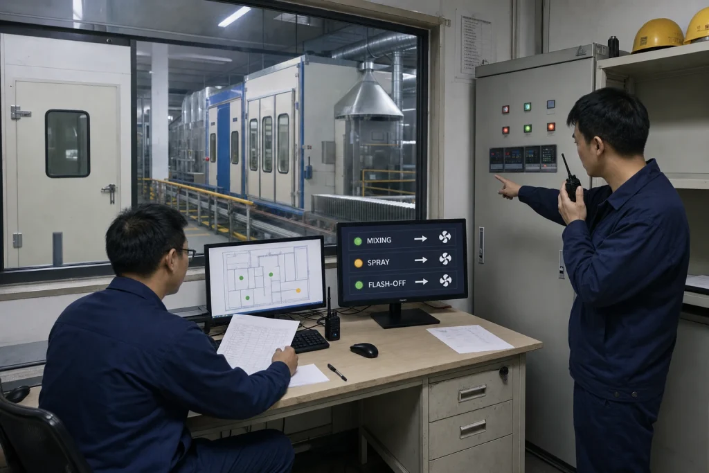 Two Chinese facility engineers verify separate mixing, spray and flash-off VOC zones and their exhaust-fan responses from a paint-line safety control station.