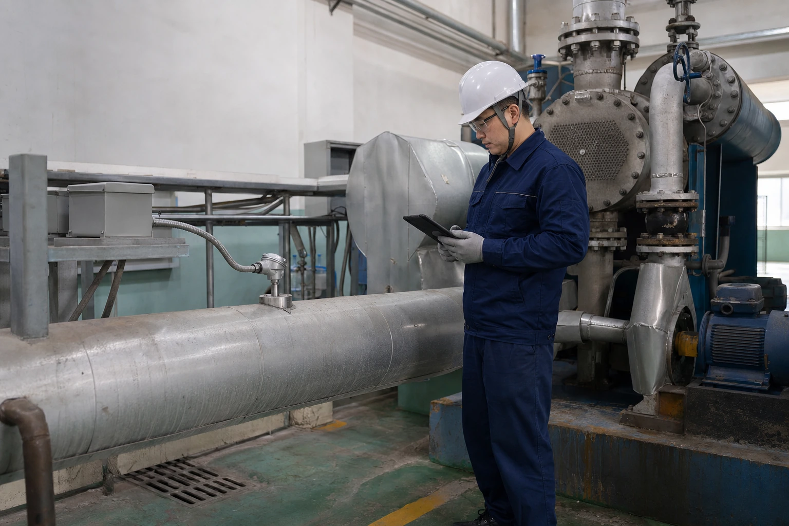 A Chinese instrument technician checks a compact thermowell-mounted temperature sensor on an insulated process pipe beside a heat exchanger.