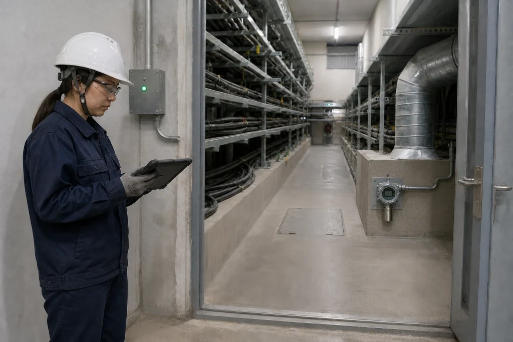 A Chinese electrical safety engineer checks a cable gallery from the doorway beside a low-mounted fixed detector and ventilation duct.