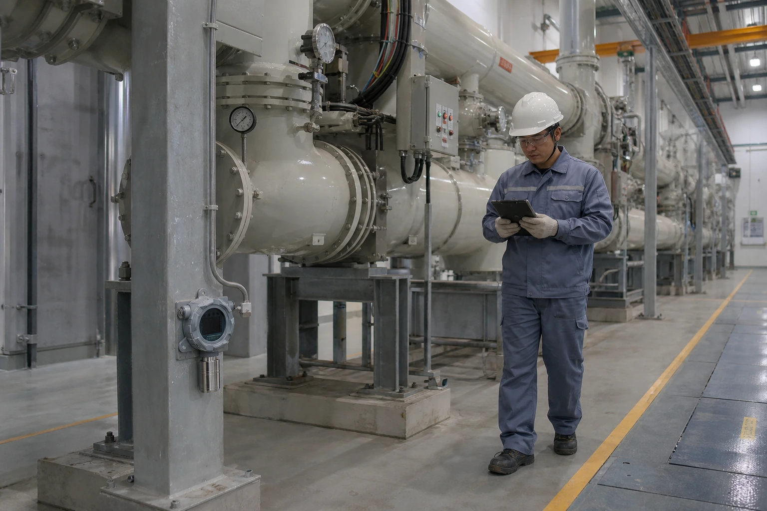 A Chinese electrical engineer inspects enclosed gas-insulated switchgear beside a compact fixed detector mounted near the floor and cable trench.
