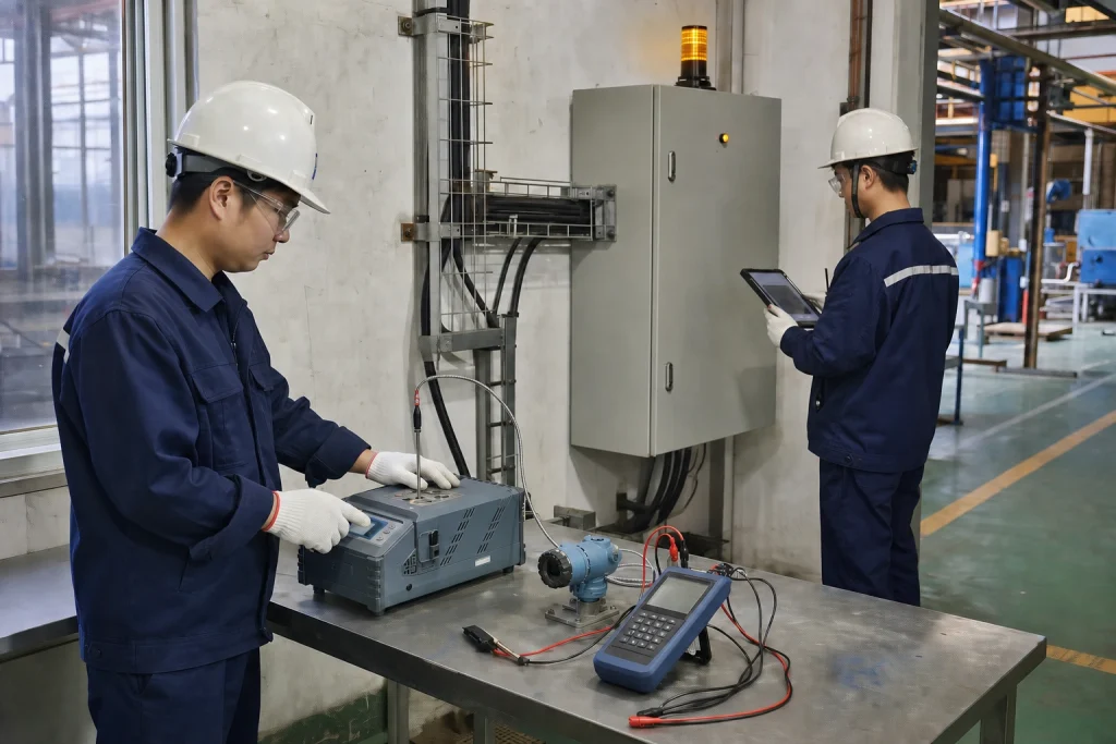 Two Chinese instrumentation engineers test an RTD probe with a dry-block calibrator beside a closed alarm control cabinet and amber beacon.