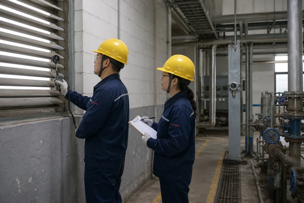 Chinese instrument technicians measure airflow at an industrial ventilation louver while a small fixed gas detector remains visible near the process manifold.