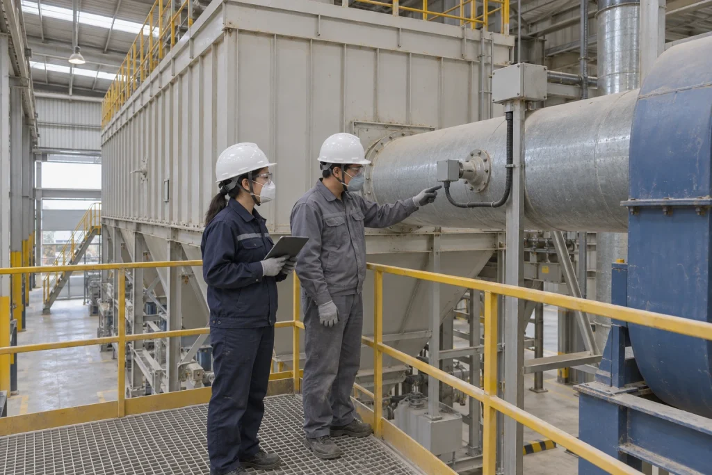 Two Chinese technicians inspect a small generic monitor installed on the outlet duct of an enclosed baghouse dust-collection system.