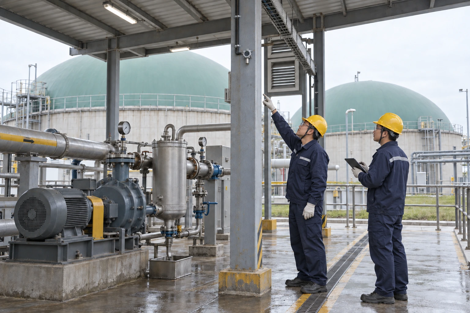 Two Chinese engineers inspect a compact fixed gas detector above a biogas blower skid with anaerobic digesters in the background.