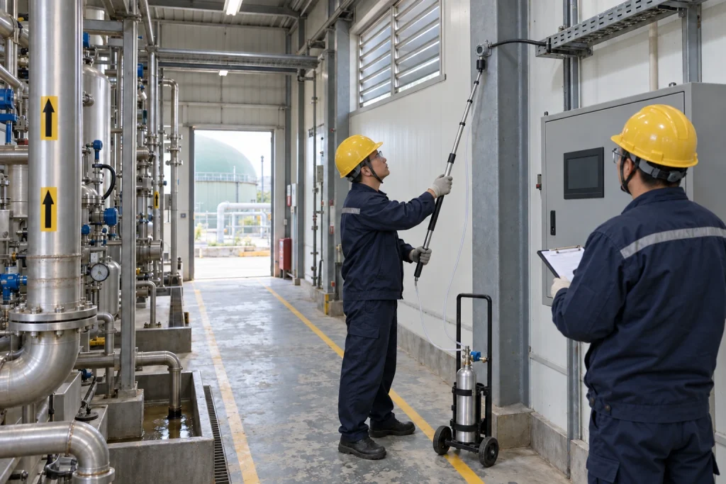 Chinese technicians use a telescopic calibration applicator to test a small fixed detector in a ventilated biogas upgrading room.