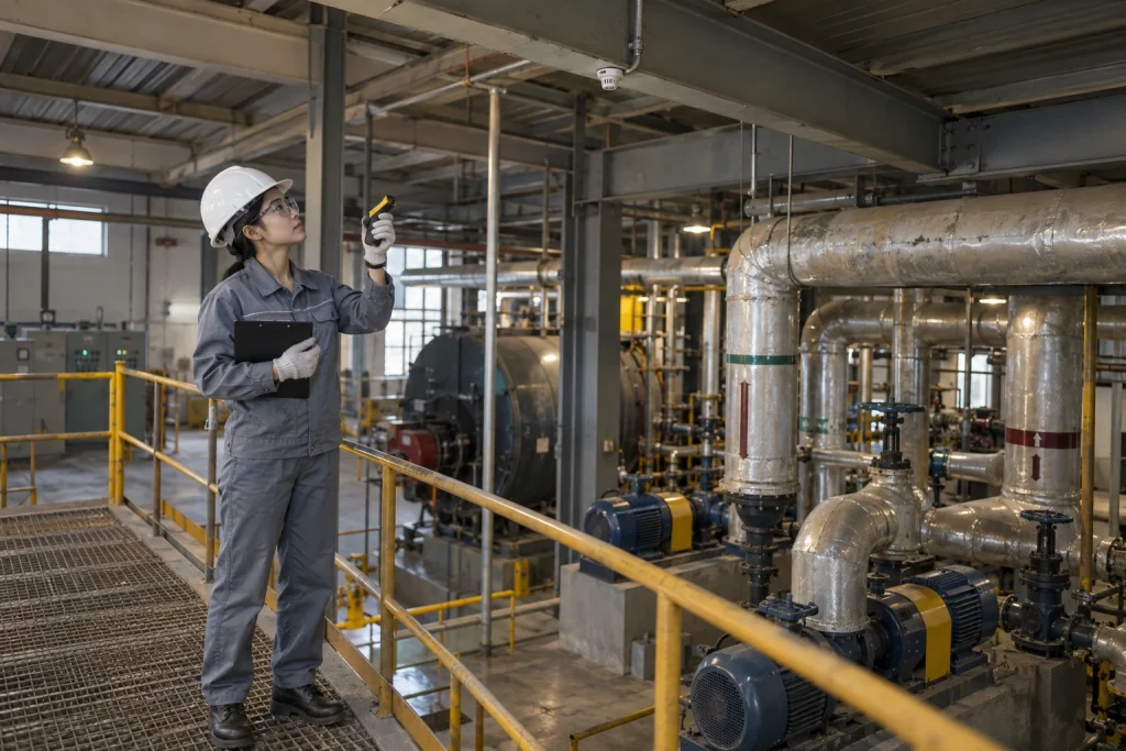 A Chinese engineer checks conditions near a small beam-mounted heat detector above an industrial boiler platform.