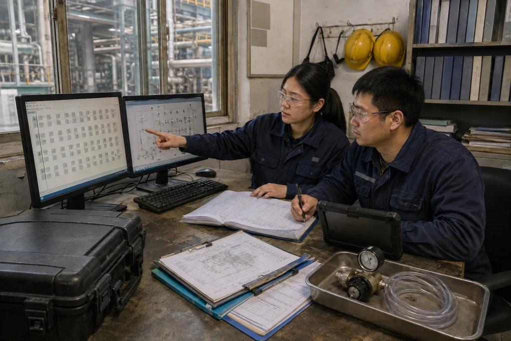 Chinese maintenance staff review detector point histories, plant drawings and stored calibration accessories in an instrument planning room.