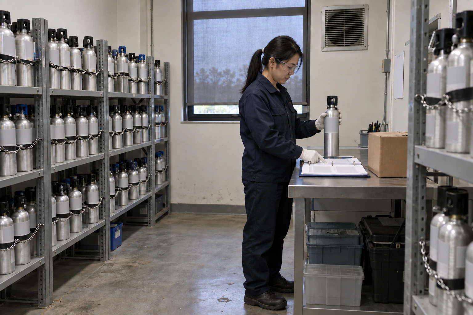 A Chinese technician checks an upright small calibration cylinder against inventory records in a ventilated storeroom.