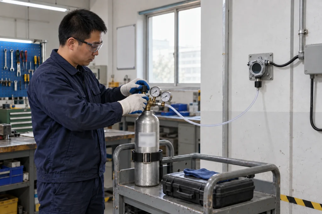 A Chinese technician adjusts a regulator on a secured calibration cylinder connected to a small wall-mounted detector.
