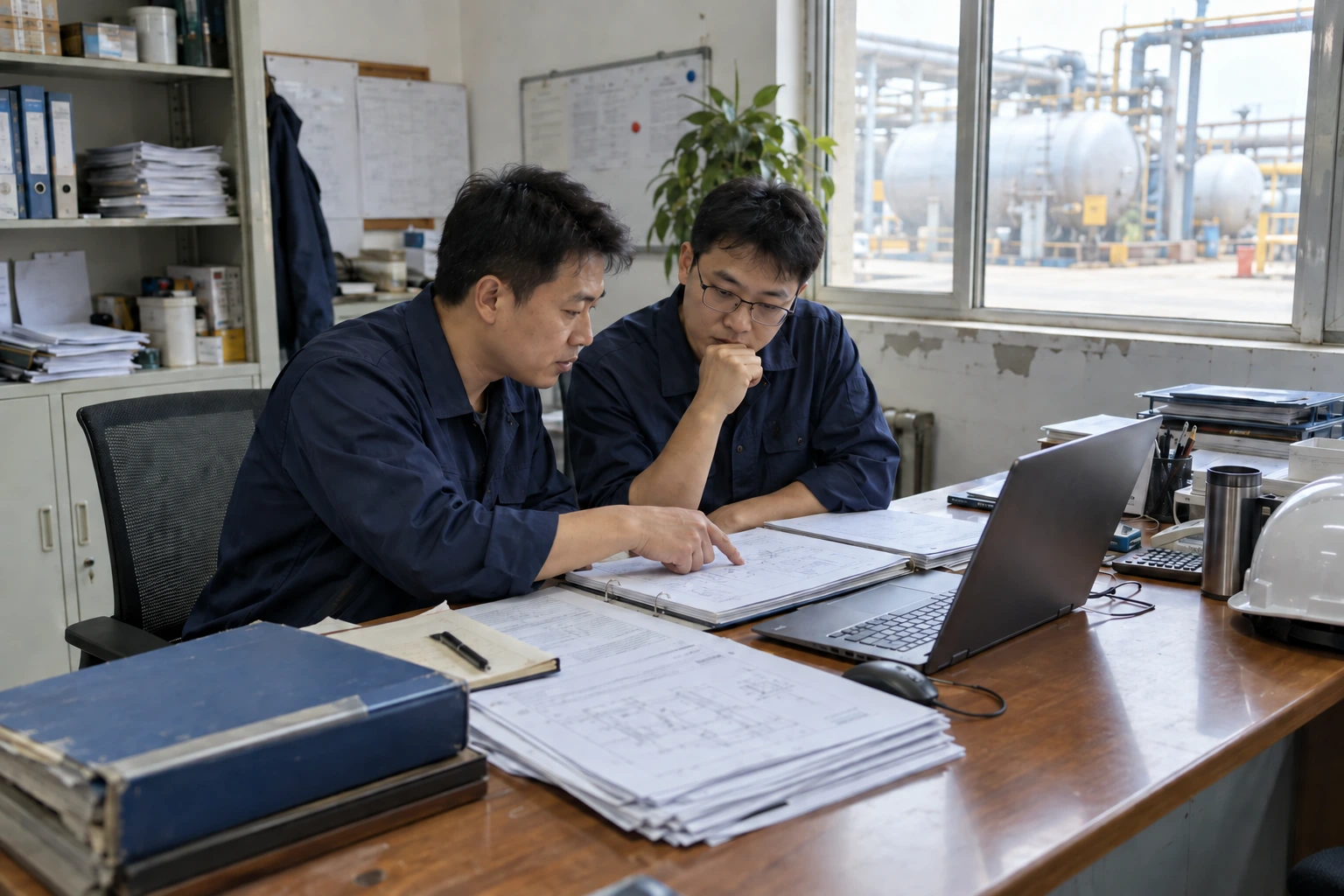 Two Chinese engineers compare paperwork and a laptop at a workshop office desk.