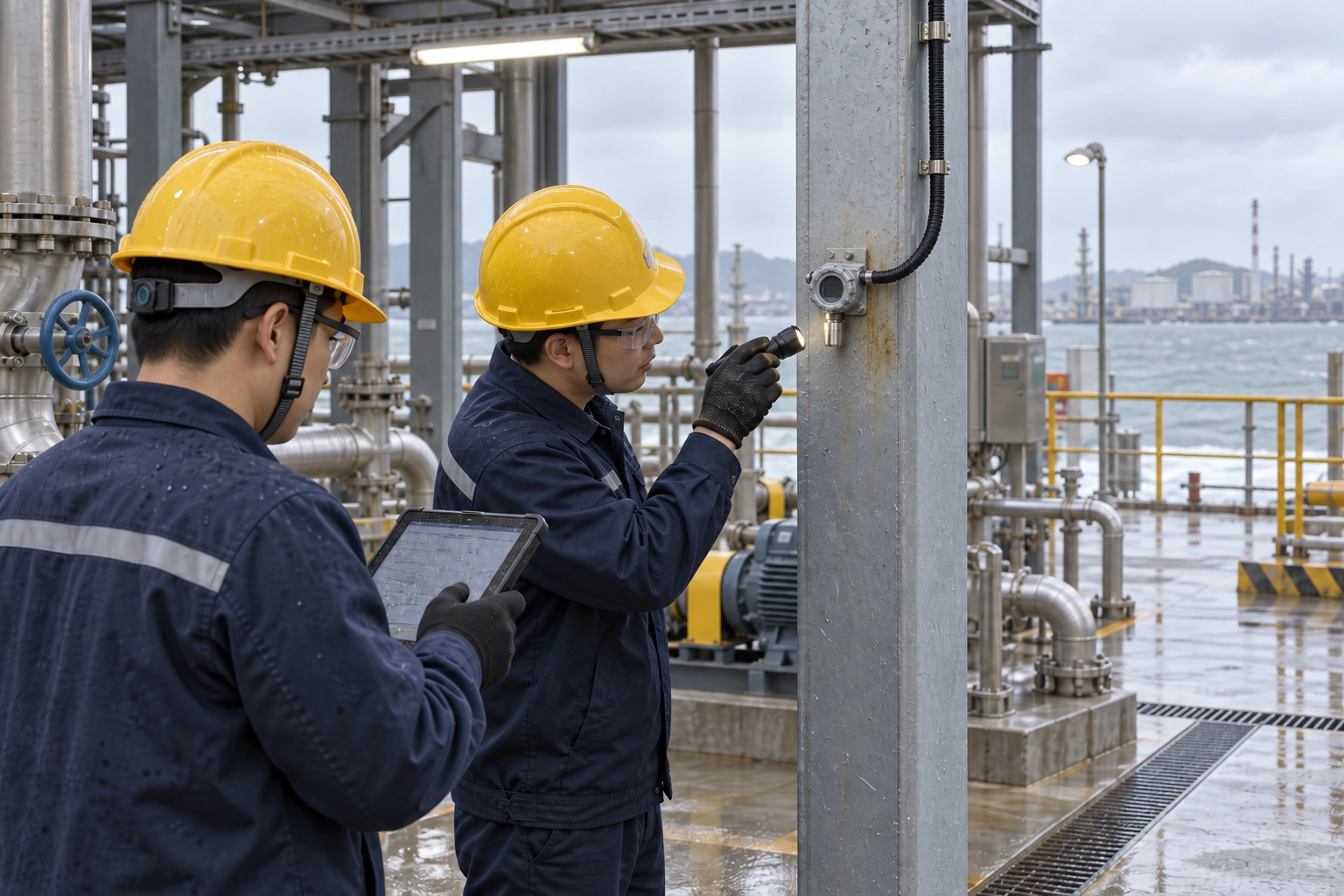 Two Chinese technicians inspect a compact fixed gas detector and its cable gland in a wet coastal chemical plant utility area.