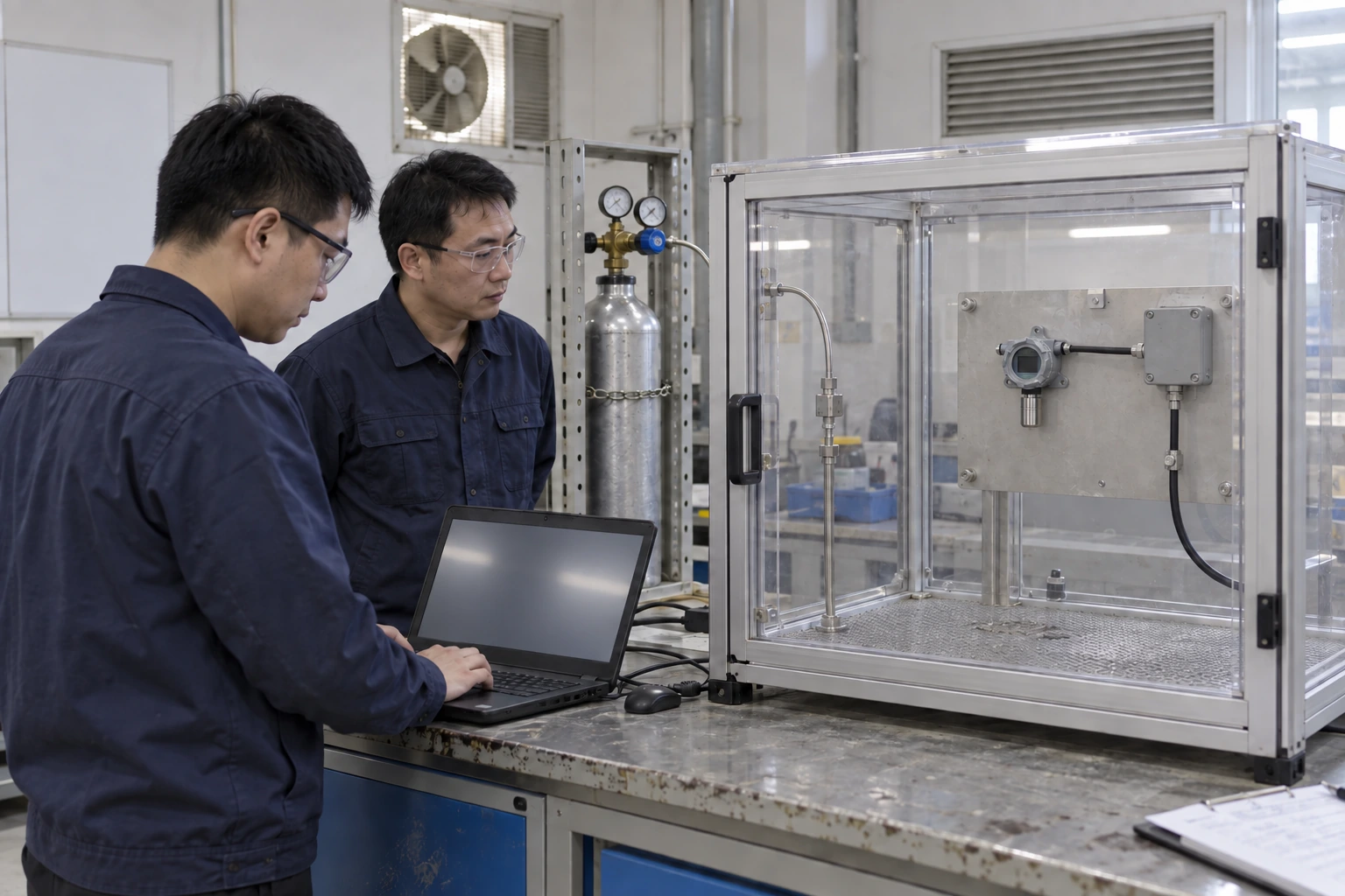 Two Chinese test engineers observe a small fixed gas detector inside a closed ventilated laboratory enclosure.