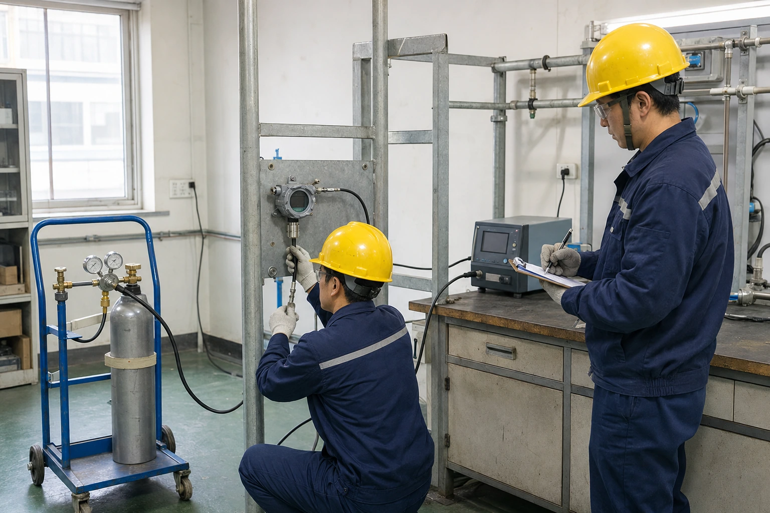 Two Chinese test engineers connect controlled gas tubing to a compact fixed oxygen detector while monitoring a reference instrument.