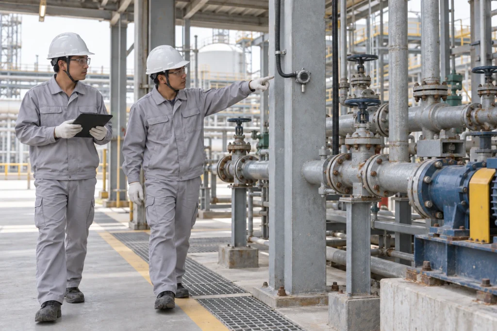 Two Chinese instrument technicians inspect a small fixed detector beside a closed fertilizer plant pump and valve manifold.