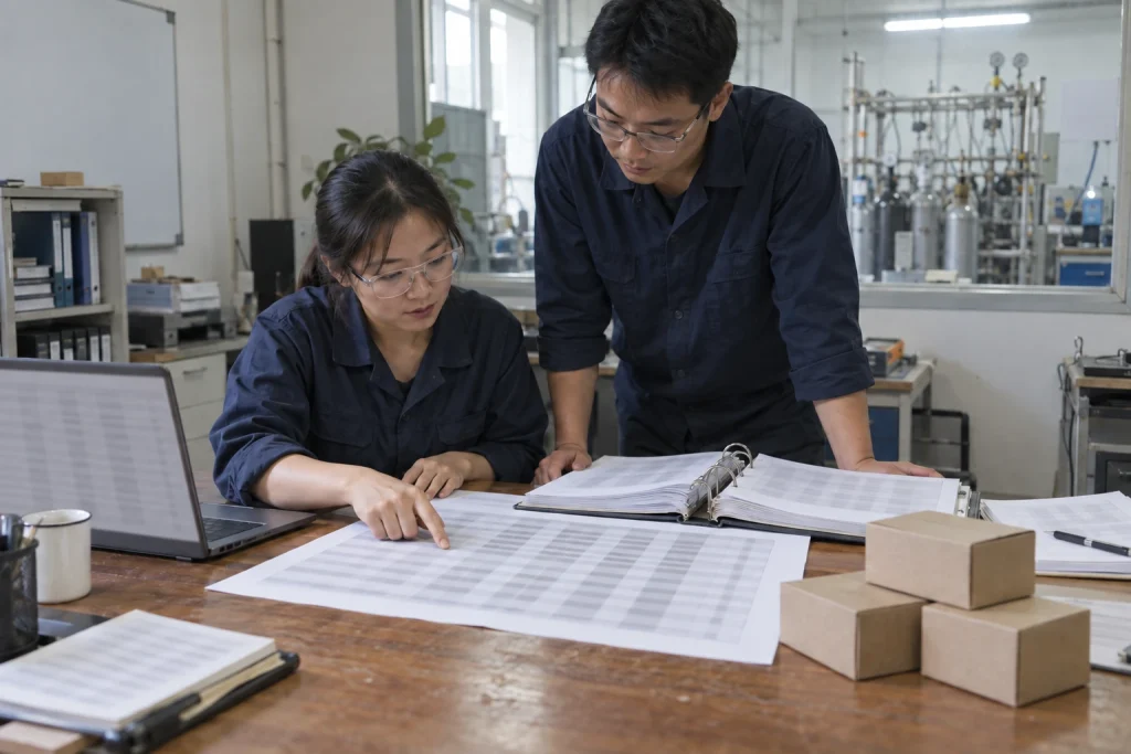Two Chinese engineers compare a blurred response matrix and laboratory records beside sealed sensor sample boxes.