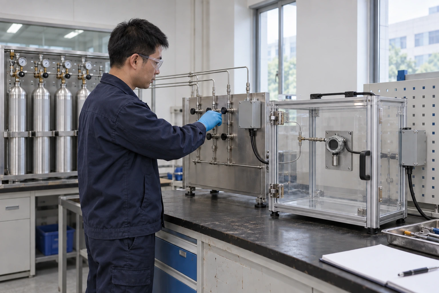 A Chinese engineer operates a multi-gas selector manifold connected to a small detector inside a closed test chamber.