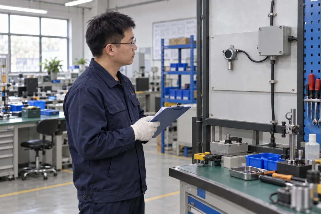A Chinese technician examines a small mounted gas detector beside a closed junction box in a workshop.