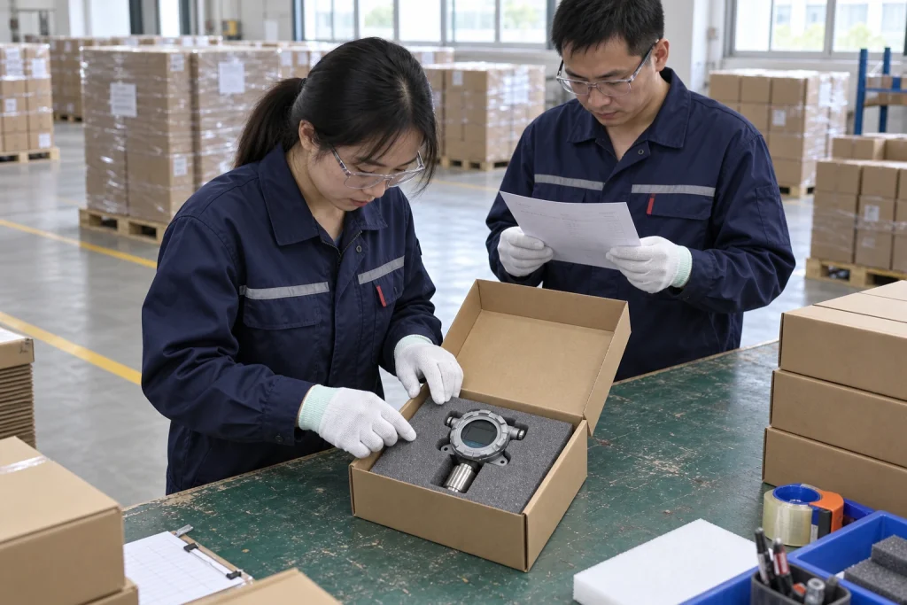 Chinese inspectors check a small silver gas detector seated in protective foam inside a carton at a packing bench.