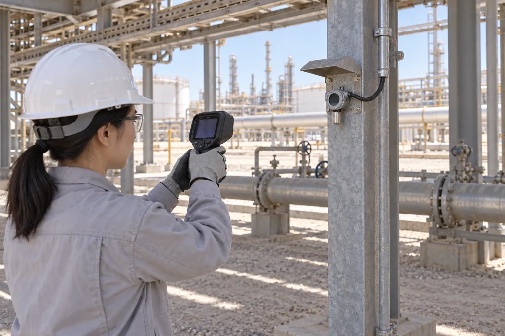 A Chinese engineer uses a thermal camera to inspect a small shaded detector mounted on a galvanized post.