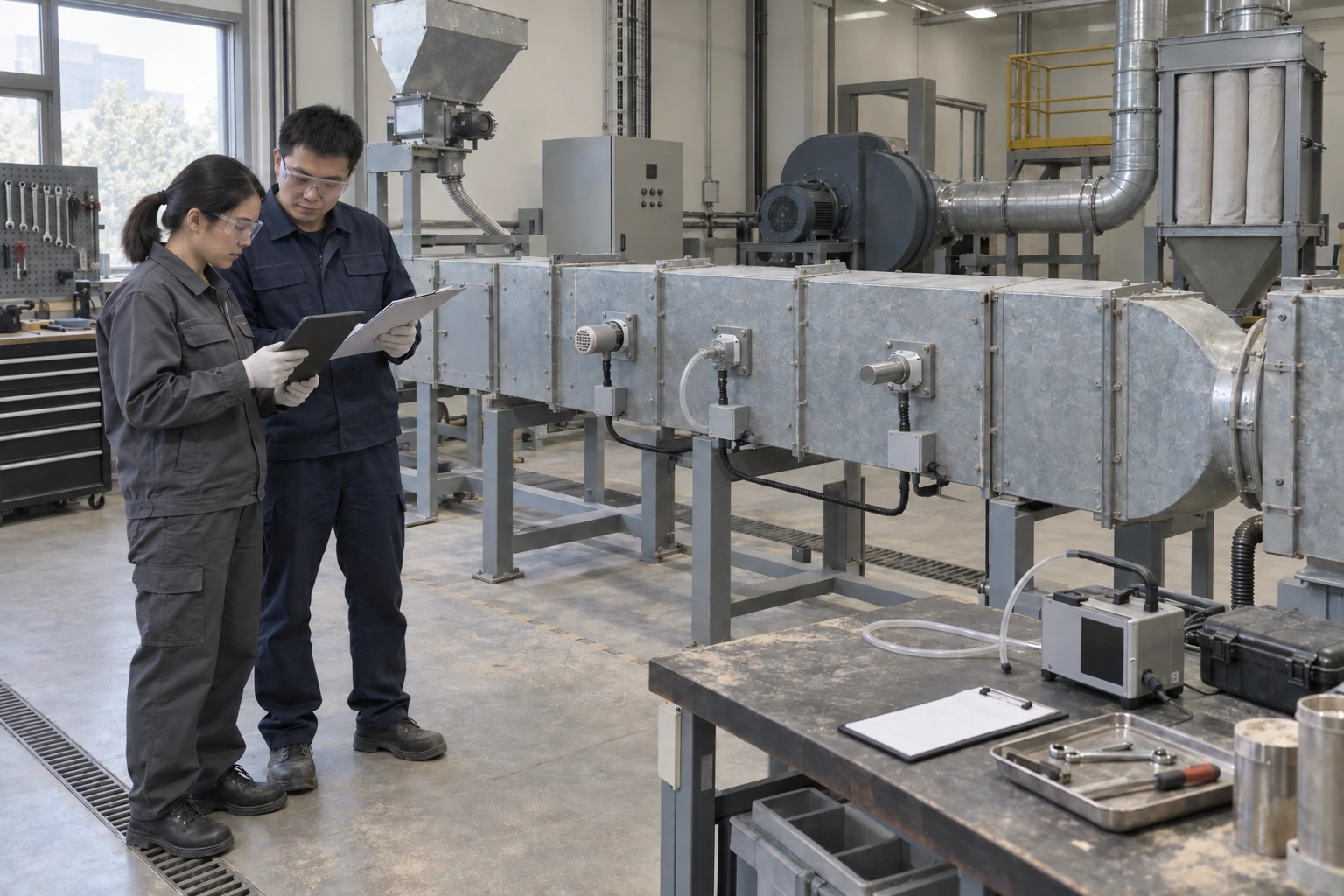 Two Chinese engineers review three small particulate-sensor modules installed on a closed recirculating test duct.