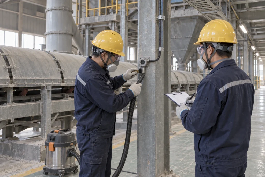 Chinese maintenance technicians use a soft brush and industrial vacuum to remove settled dust from a small detector sensor shield.