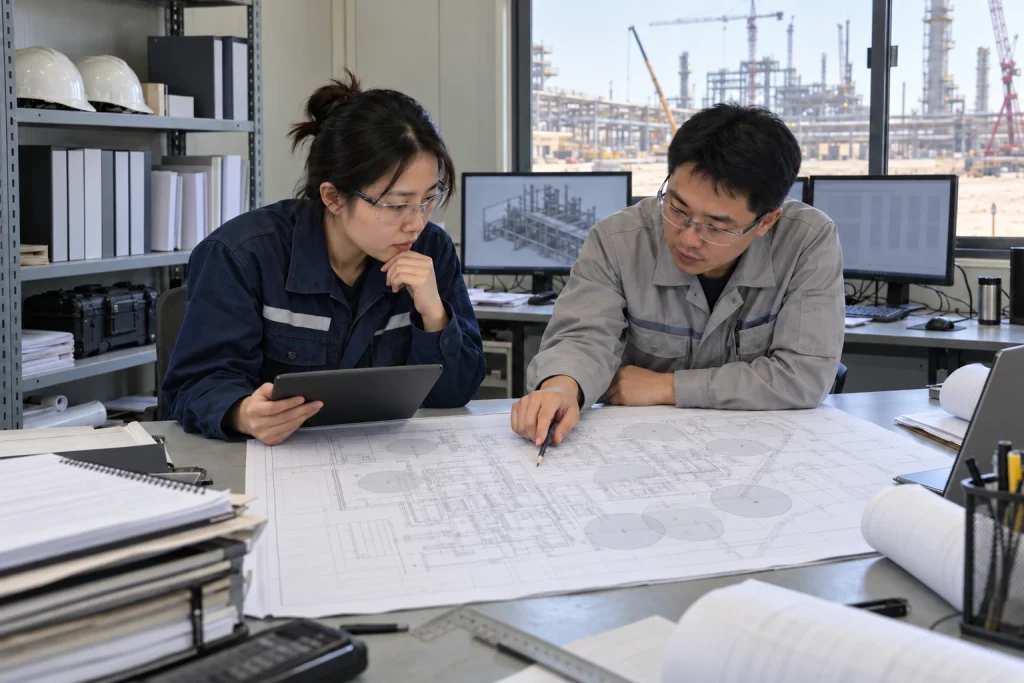 Two Chinese engineers compare an unreadable plant layout and digital process model in a temporary project site office.