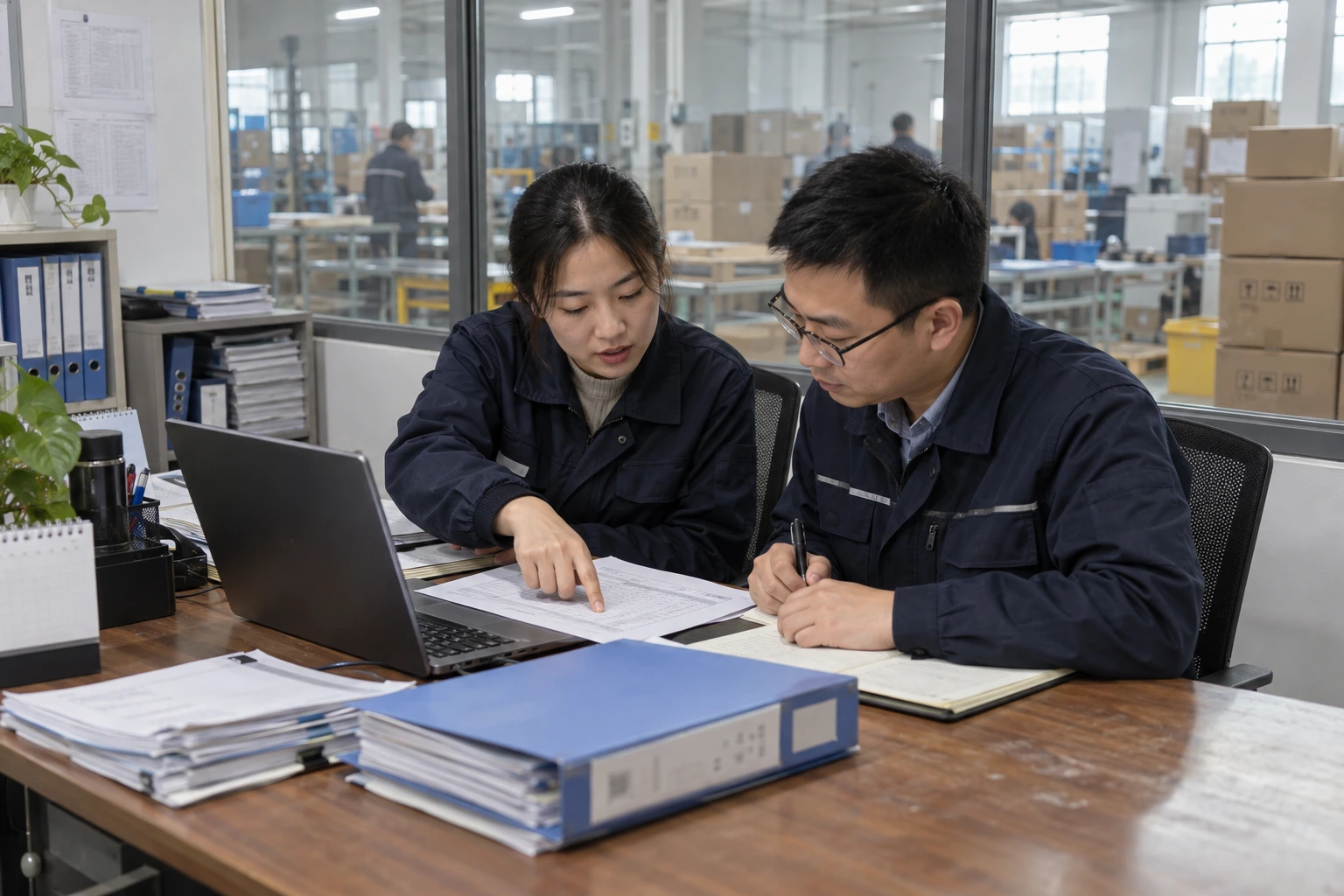Two Chinese staff members compare shipping paperwork in an office overlooking a packing workshop.