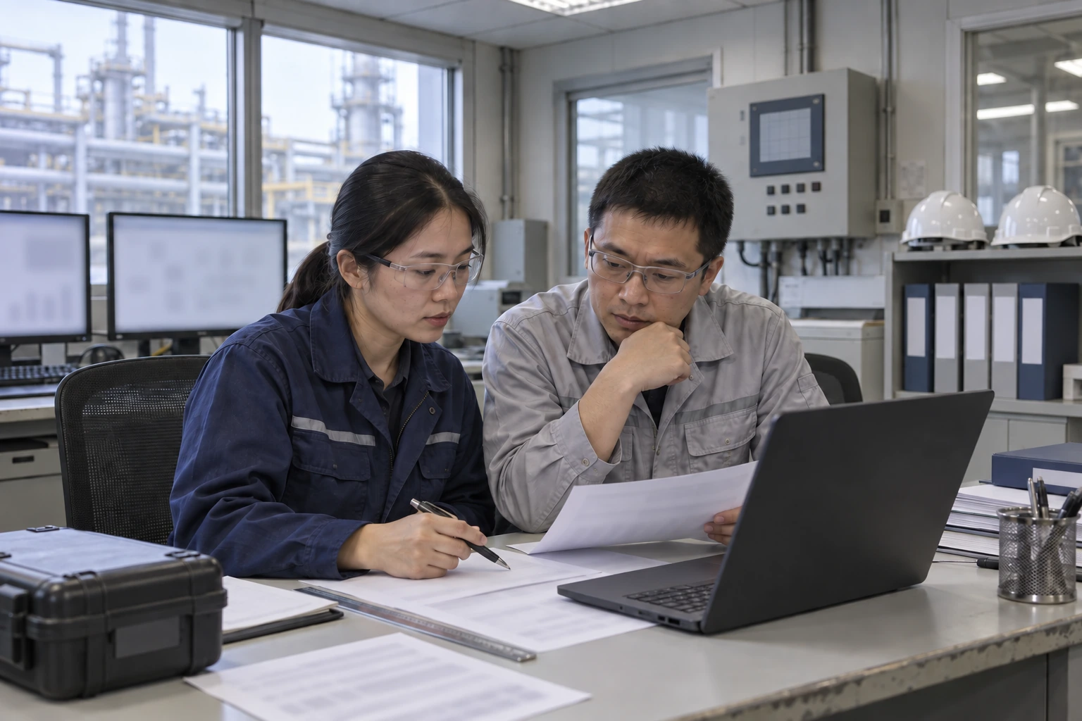 Two Chinese safety professionals compare blurred occupational exposure records and alarm planning documents in an industrial control room.
