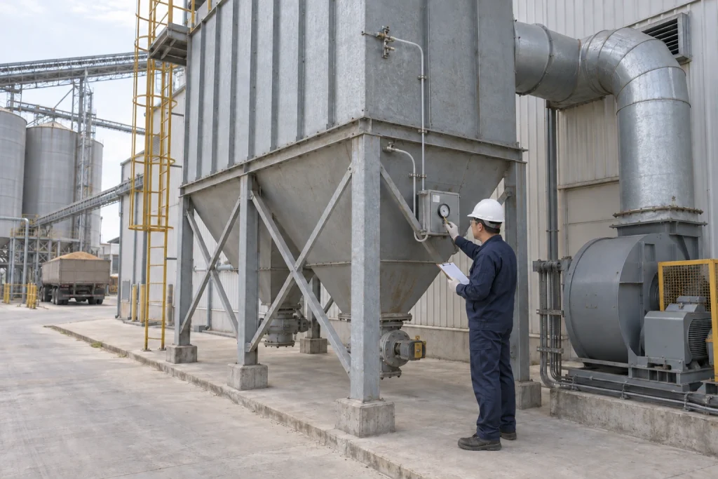 A Chinese technician examines a pressure indicator connected to a dust collector while holding an inspection clipboard.