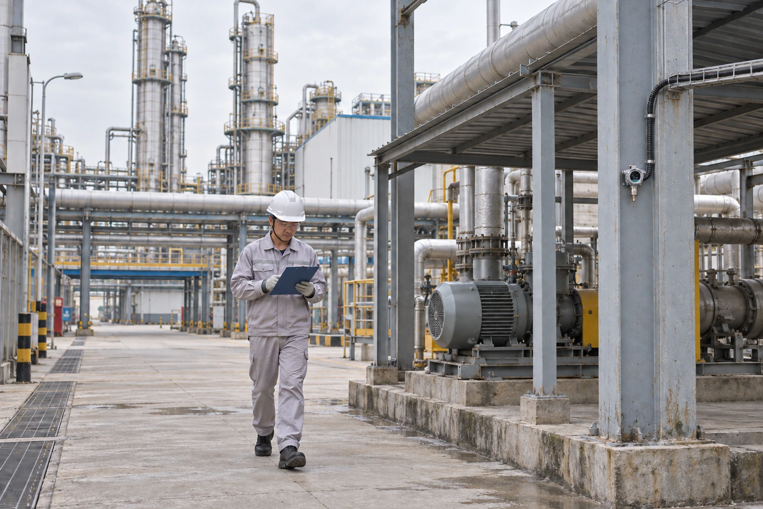A Chinese technician inspects a fertilizer production area with a small fixed detector mounted beside a covered compressor skid.