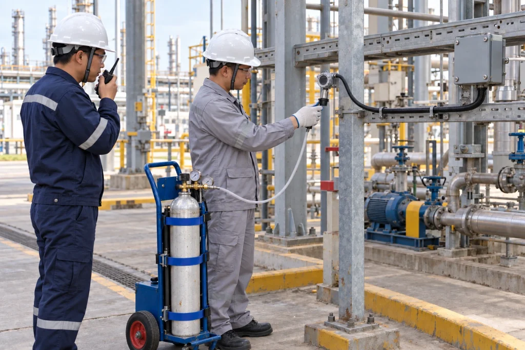 Two Chinese technicians use a secured test cylinder and calibration cup to check a small fixed detector at a process plant.