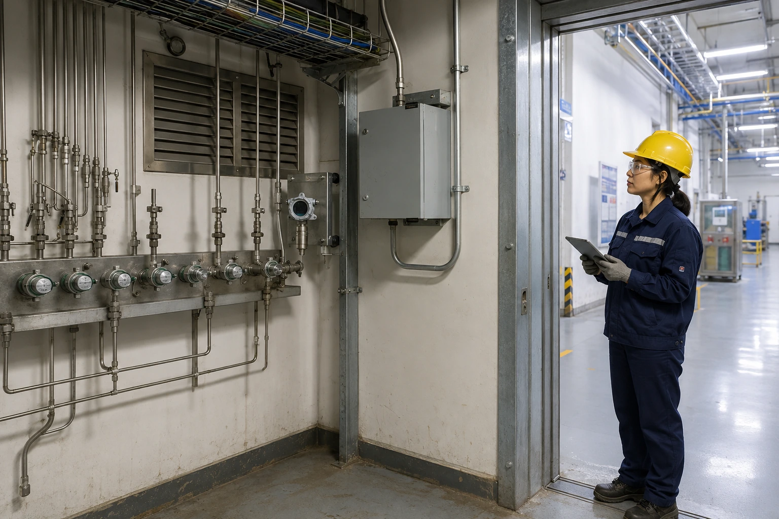 A Chinese instrument engineer reviews a compact fixed oxygen monitor installed beside the entrance to an inert-gas distribution room.