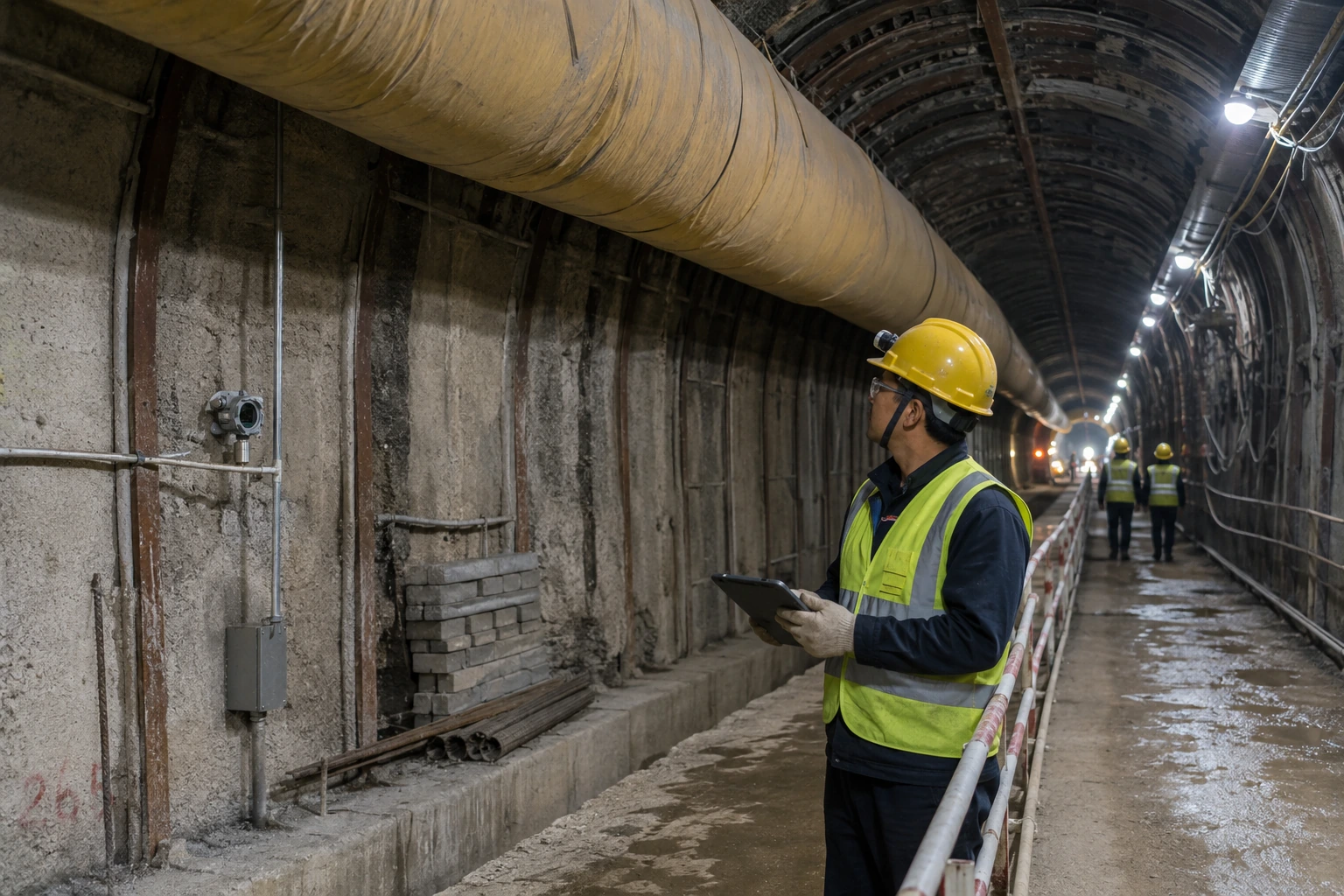 A Chinese tunnel safety engineer checks a compact wall-mounted oxygen monitor beneath a suspended ventilation duct in an active construction tunnel.