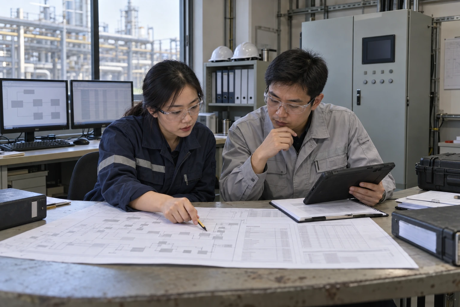 Two Chinese engineers review blurred safety-loop diagrams beside a closed control cabinet in an industrial engineering room.