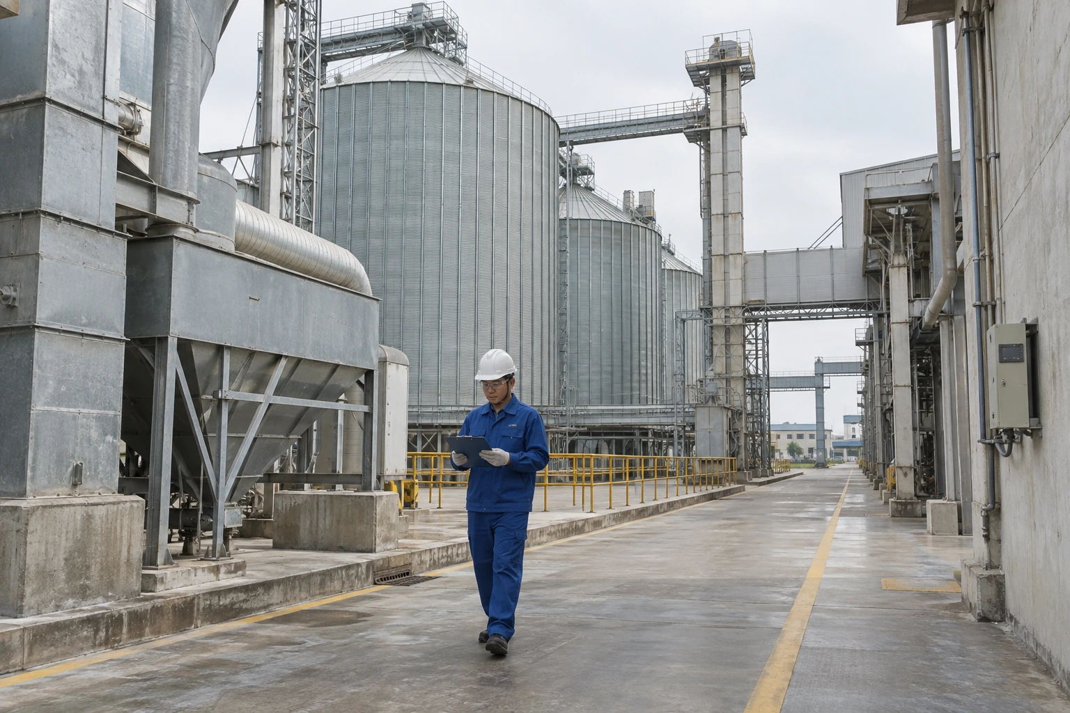 A Chinese technician checks a clipboard beside grain silos, enclosed handling equipment and a closed monitoring cabinet.