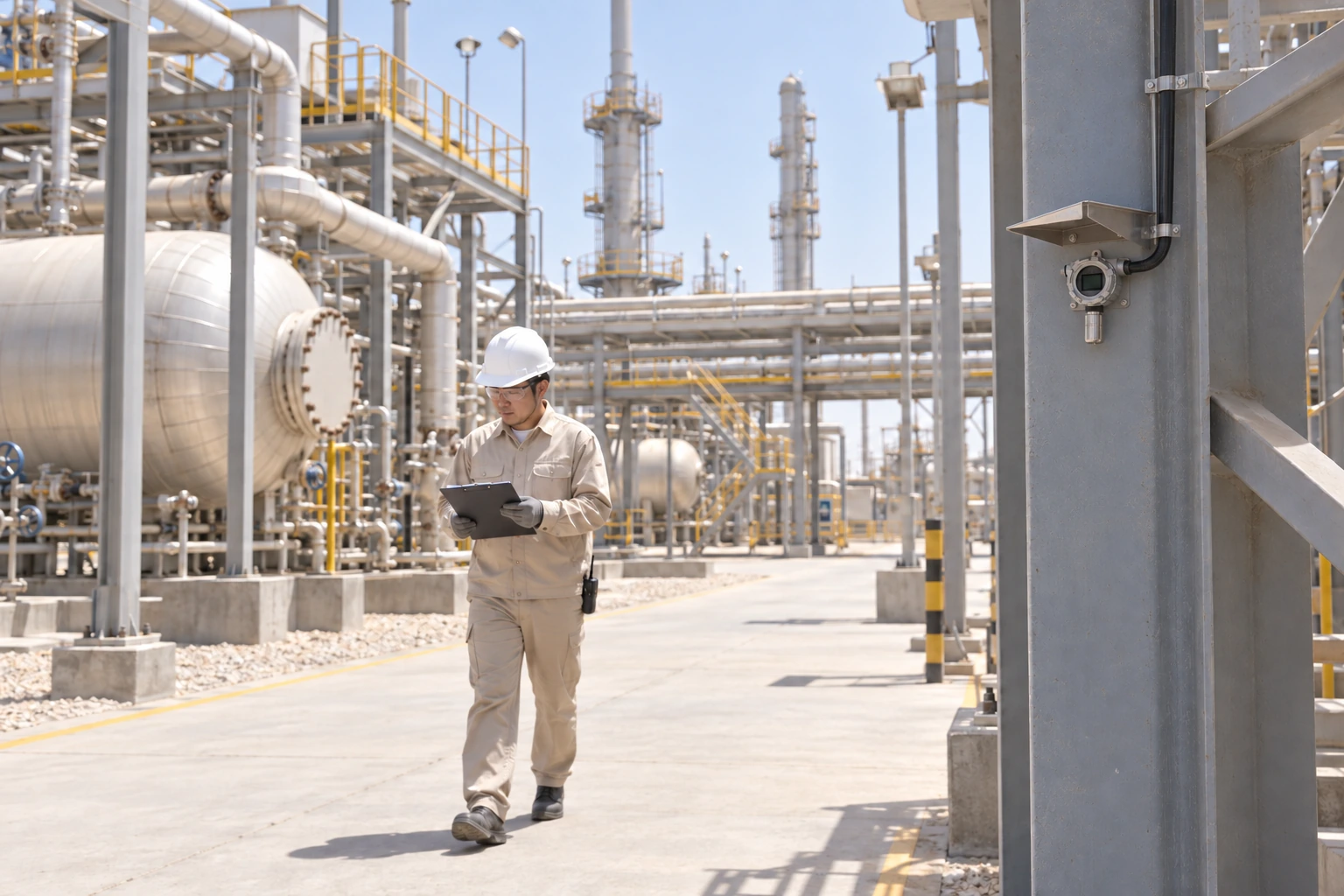 A Chinese technician walks through a sunlit desert industrial plant beside a small shaded fixed gas detector.