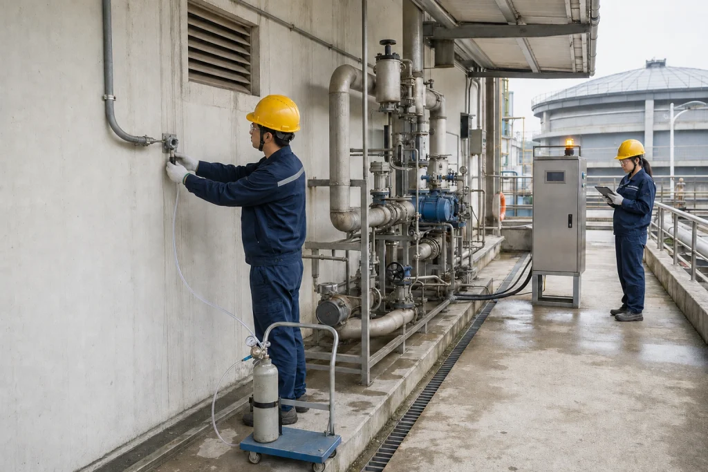 Chinese technicians verify test access and alarm integration for a compact fixed detector in a wastewater sludge-processing service gallery.