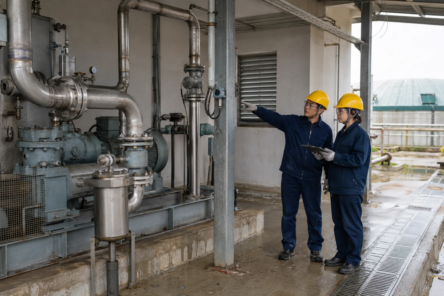 Two Chinese engineers assess ventilation, damp conditions, piping and service access around a compact gas detector in a biogas utility shelter.