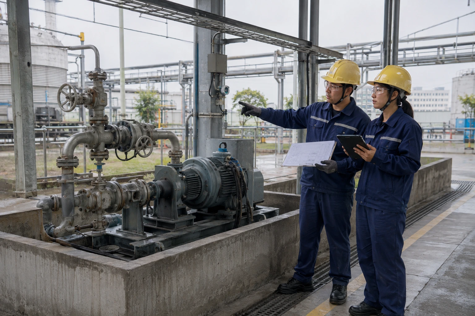 Two Chinese engineers review pump seals, flanges, containment and open ventilation during a hazardous-area classification walkdown.