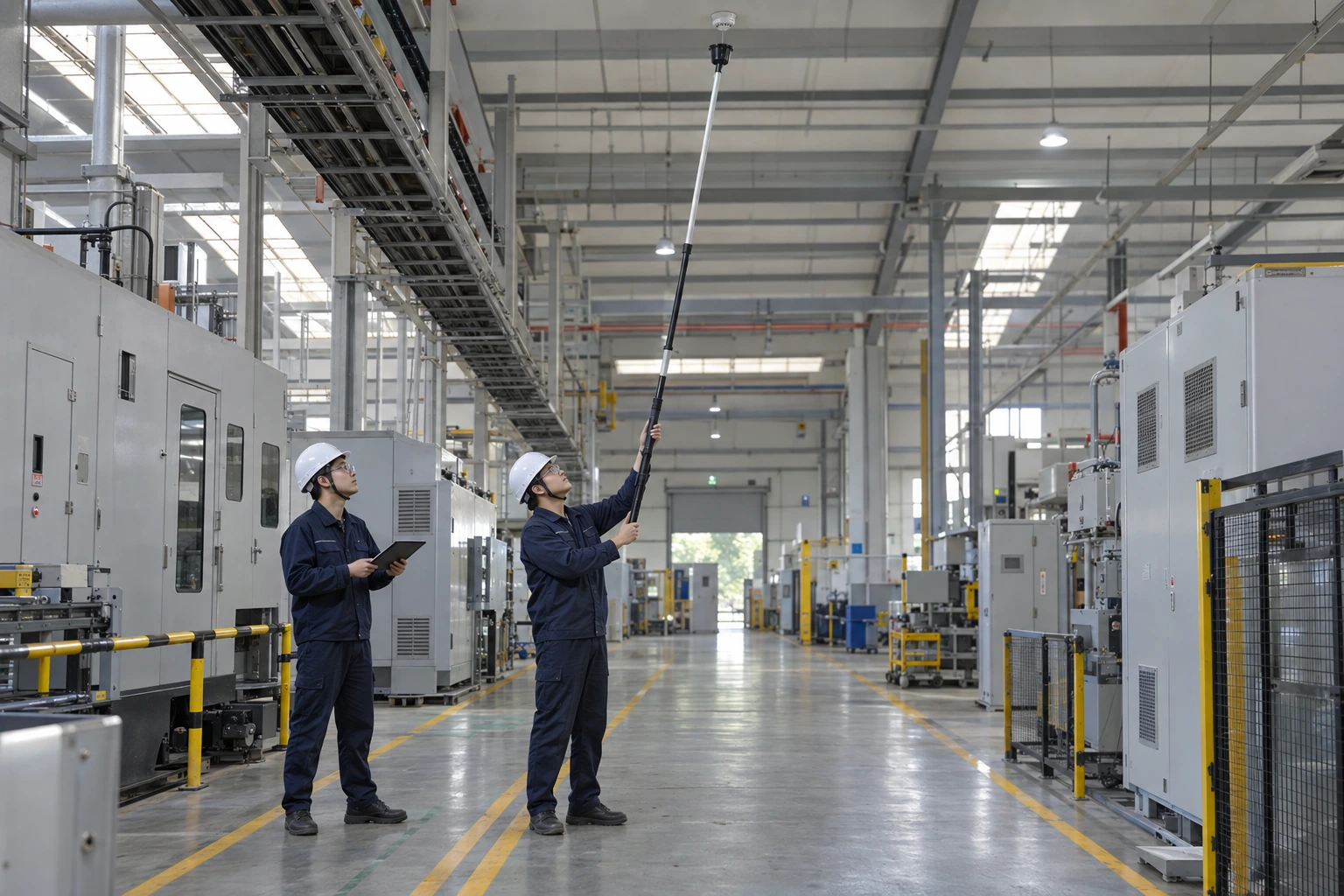 Two Chinese technicians use a telescopic tester to inspect a small ceiling smoke detector in a manufacturing hall.