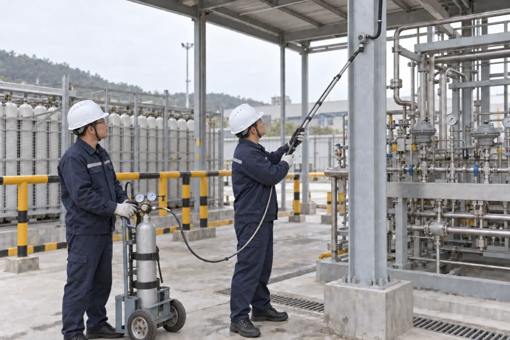 Two Chinese technicians use a telescopic applicator and a secured test cylinder to check a small fixed detector beside a closed pressure manifold.