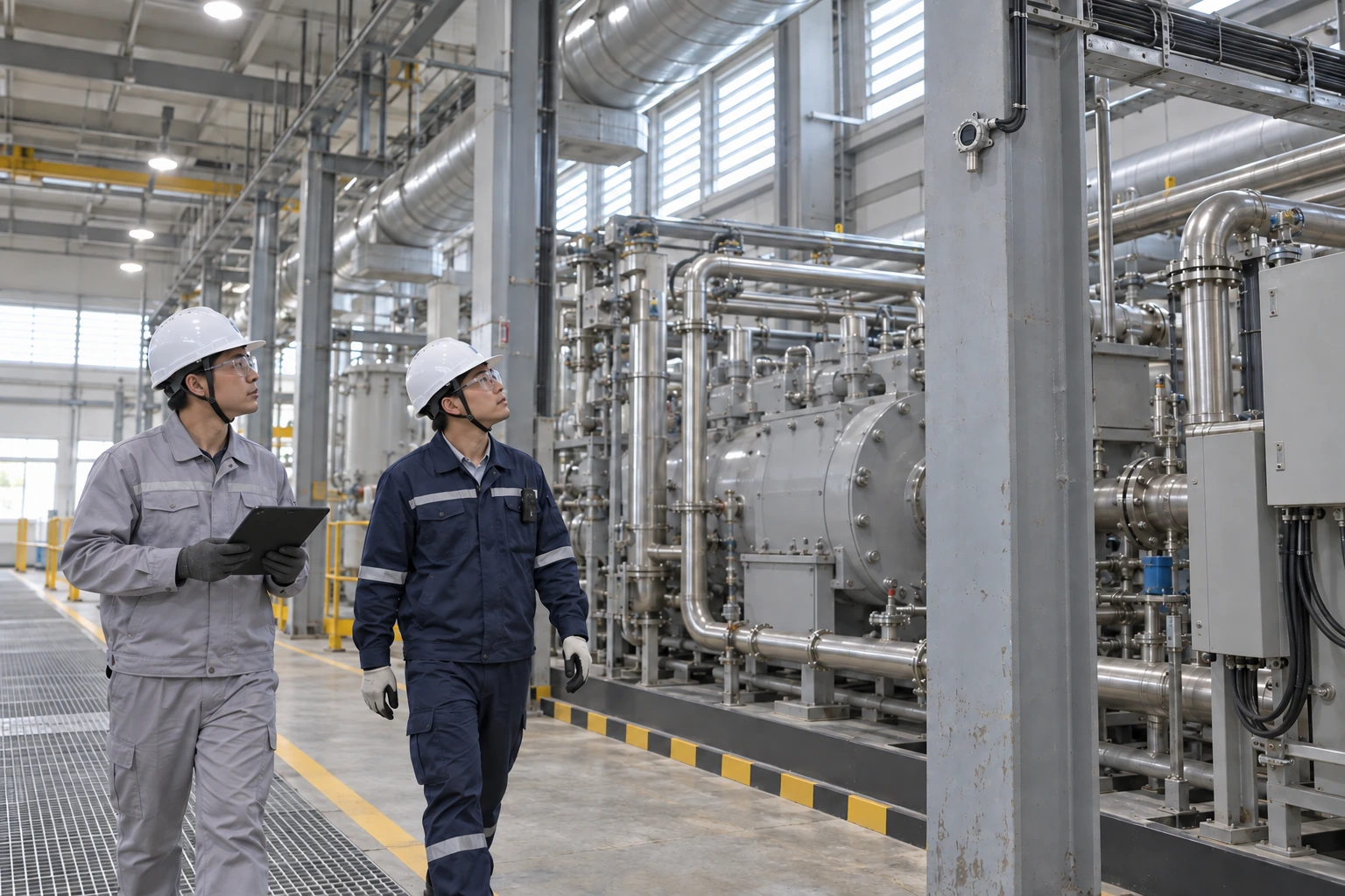 Two Chinese engineers inspect the upper ventilation area of an industrial compressor hall near a small column-mounted fixed detector.