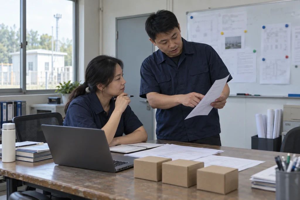 Two Chinese engineers discuss specification paperwork beside a laptop and closed sample boxes.