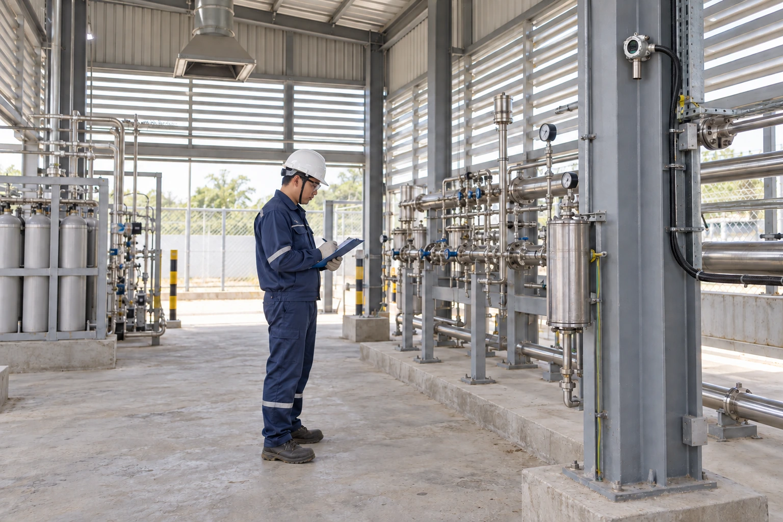 A Chinese technician checks a clipboard beside closed pipework and a small high-mounted detector in a ventilated utility shed.
