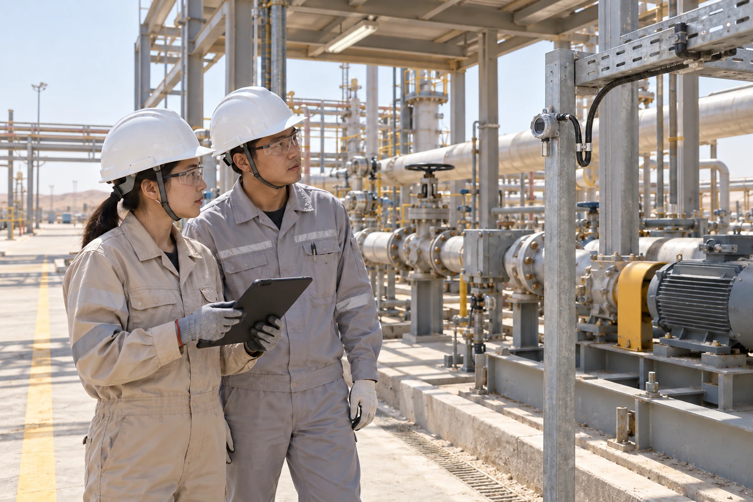 Two Chinese EPC engineers inspect a small fixed detector and its cable route beside a completed outdoor process skid.