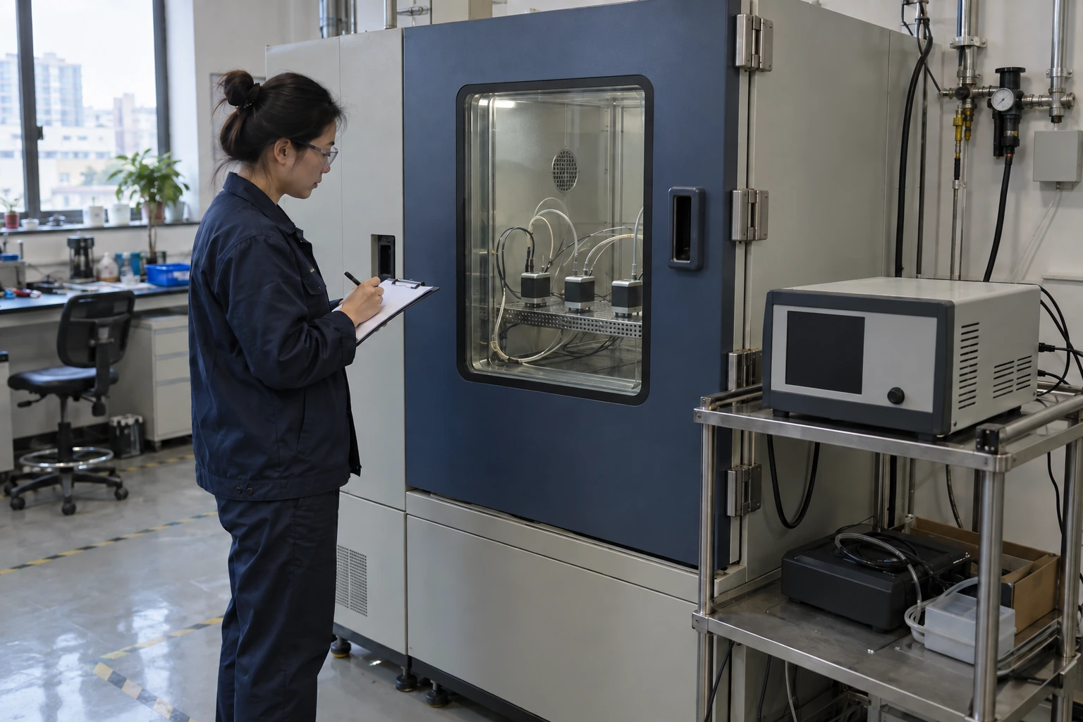 A Chinese test engineer records observations beside a closed environmental chamber containing three small sealed sensor evaluation boxes.