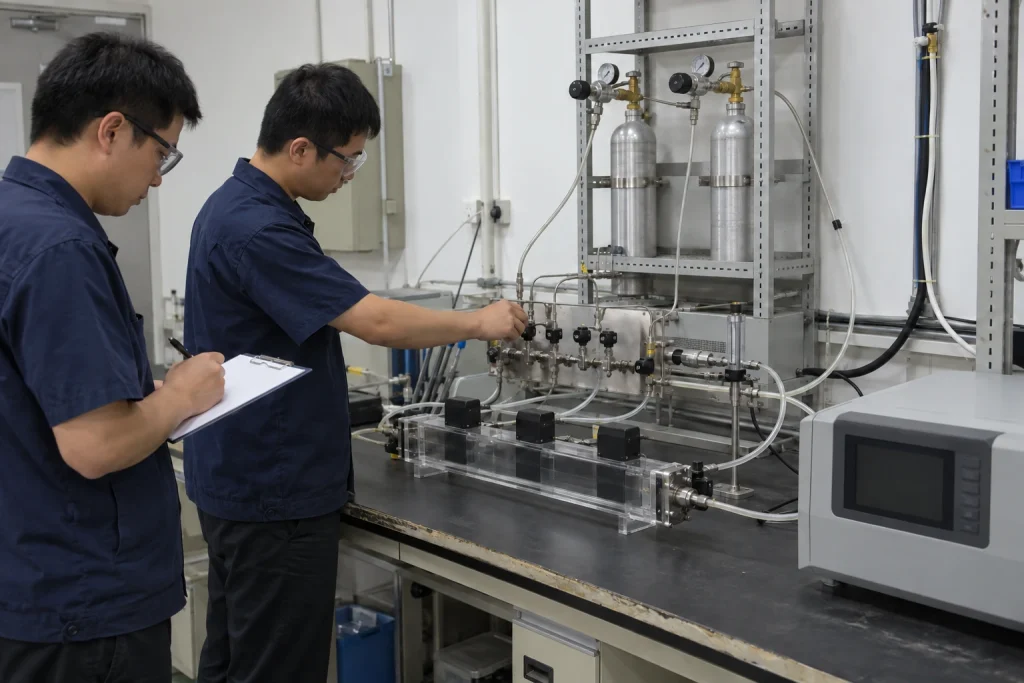Two Chinese engineers operate a gas-mixing bench connected to three sealed sensor evaluation boxes and a reference analyzer.