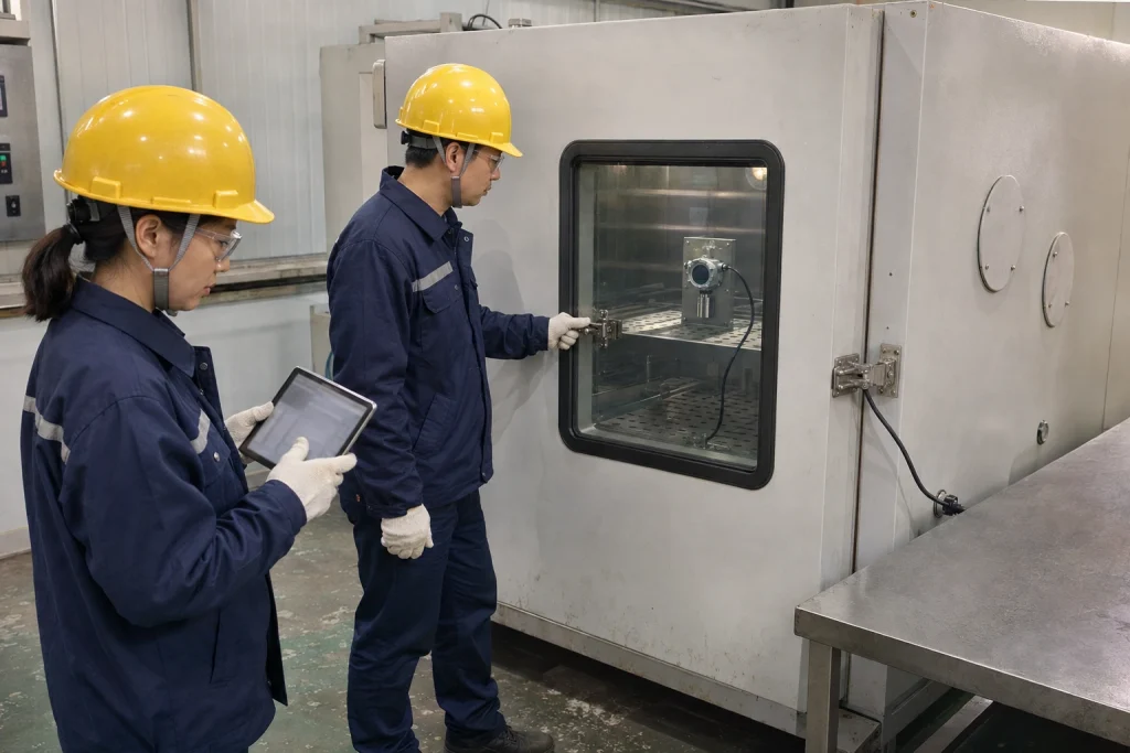 Chinese quality engineers review a compact oxygen detector mounted inside a closed industrial environmental test chamber.